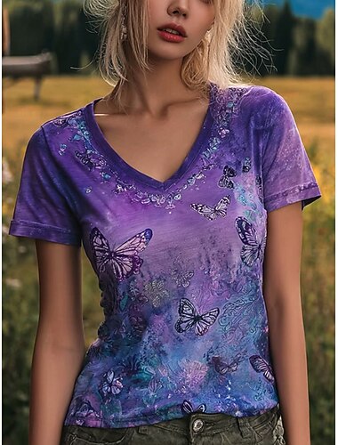  Dames T-shirt Afdrukken Bloemig Grafisch Vlinder Vintage Stijlvol Klassiek Korte mouw V-hals Normale tops Dagelijks Paars paars Zomer Lente