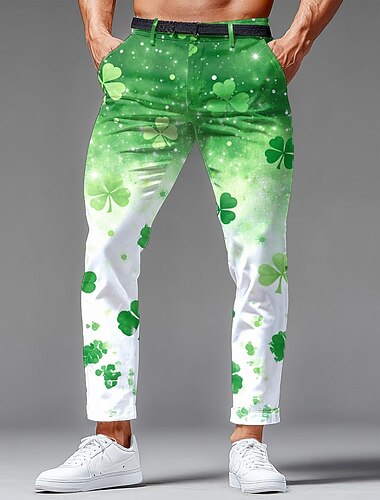  Dia de São Patrício Calças Masculinas Trevo Quatro Folhas Graduadas Coloridas Calças de Vestido Calças de Terno Meio Cintura Vintage Retro Férias Calças Slim Fit com Bolsos Verão Primavera Impressão