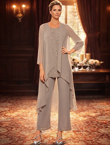  Broek 3-delig pak Tot de grond Moeder van de bruid jurk Lange mouw Met sieraad Elegant Formeel Bruiloft gast Chiffon Wrap inbegrepen met Kant Effen kleur