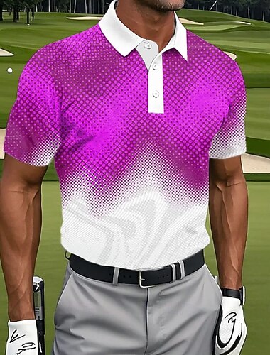  Hombre Bloque de color Golf Camisetas polo deportivas Manga Corta Camisas de polo Diseño Casual Ropa Deportiva Impresión 3D Botones Verano Azul Piscina Morado