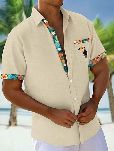  Homme Plantes Tropicales Toucans Fleurs Chemise Chemises hawaïennes Chemise Aloha Manche Courte Hawaïen Vacances Fête Été Col Rabattu Impression 3D Une poche avant Chemise en lin Bleu Blanche Rose