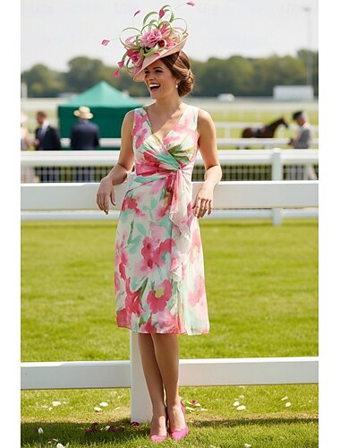  Schlauchkleid Knielang Partykleid Cocktailkleid Kleid für Hochzeitsgäste Abiballkleider Elegant Ärmellos V Ausschnitt Formell Hochzeitsgast Chiffon mit Schleife(n)