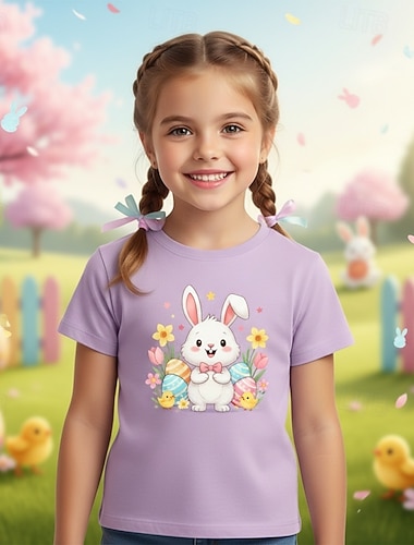 Ostern Mädchen 3D Grafik Kaninchen T-Shirt Kurzarm 3D-Druck Sommer Frühling Sport Mode Streetwear Kinder 4-12 Jahre Rundhalsausschnitt Lässig Täglich Outdoor Normale Passform