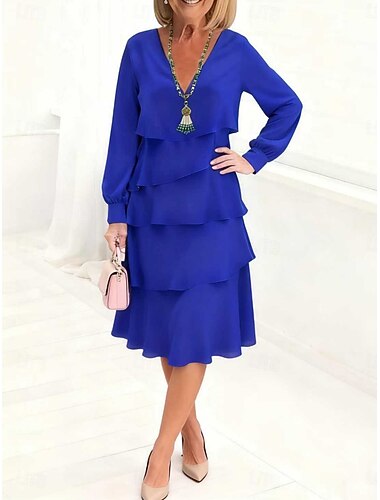  Dam Midiklänning Nivåklänning Elegant Mode Utomhus Semester Utekväll Lös passning Blommig Slät Långärmad V-hals Blå Svart Rubinrött Sommar Vår Höst