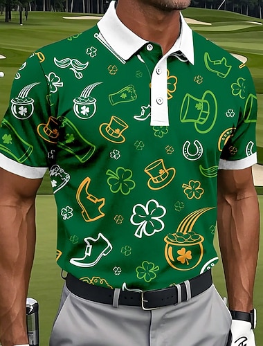  St. Patrick's Day Herren Shamrock Golf Sport Polohemden Kurzarm Polohemden Hemd mit Kragen Freizeit Athleisure Festival Outfit Knöpfe Sommer Frühling Schwarz Weiß Gelb