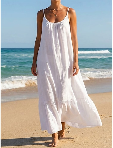  Damen Midikleid 100% Baumwolle Shiftkleid Sommerkleid Unterkleid Mode Modern Täglich Outdoor Urlaub Lässiger Schnitt Einfach Ärmellos Träger Schwarz Weiß Purpur Leicht Blau Sommer Frühling