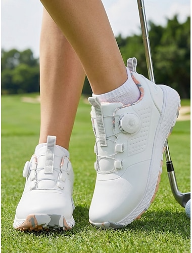  Chaussures de golf blanches à fermeture par molette pour femmes – baskets sans crampons et rembourrées pour golfeuses, marche, entraînement, practice et sports de plein air