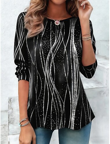  نسائي تي شيرت طباعة الرسم جلد نمر هندسي عتيق موضة أنيق كم طويل رقبة عالية مدورة رقبة دائرية قمصان عادية مناسب للبس اليومي أسود وأبيض أسود بني الصيف الربيع الخريف