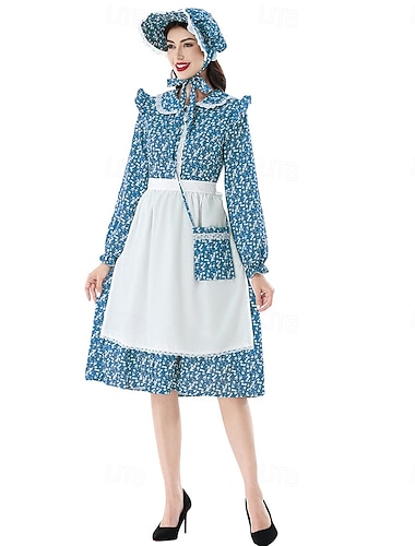  250e jubileum VS 19e eeuw jaren 1800 Prairiejurk Bonnet en schortset Lange Mouwen Pionier Meisje Koloniaal Pionier Onafhankelijkheidsoorlog Bloemig Kostuum Dames Halloween Carnaval 4 juli Volwassenen