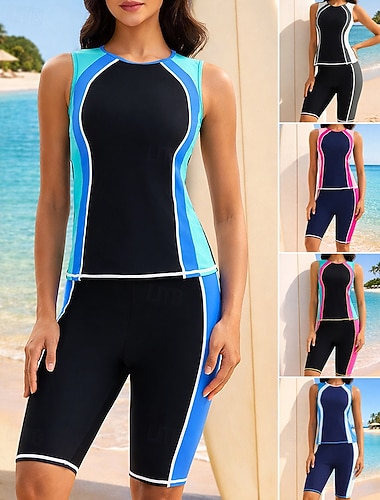  Damskie Strój kąpielowy Tankini 2-częściowa Niejednolita całość Noga do kolan Szybkie wysychanie Elastyczny Bez rękawów Kąpielówki Kostium kąpielowy Surfing Nurkowanie Plaża Lato
