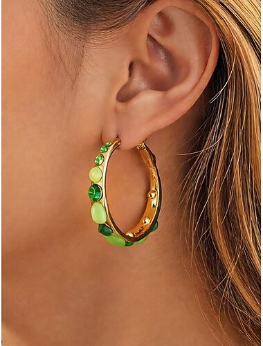  Brincos de argola femininos com pedras preciosas e strass – diversas cores, material de liga metálica, design elegante, perfeitos para férias e festas.