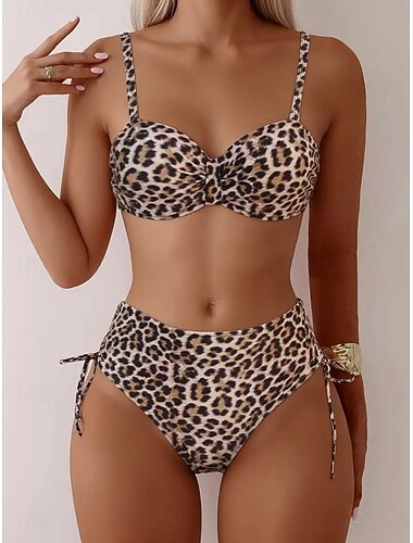  Damen Badeanzug Bikini Zweiteilig Hohe Taillenlinie Bademode Schlank Rückenfrei Urlaub Strandbekleidung Leopard Geometrisch Ärmellos Badeanzüge