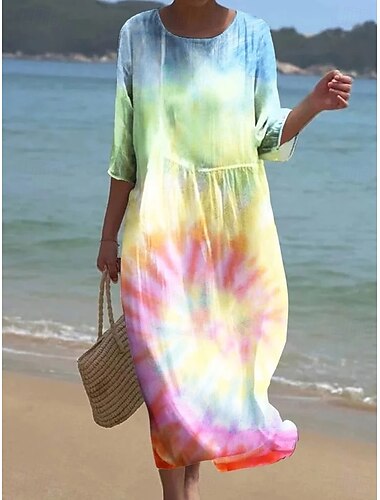  Robe Maxi Femme Lin Comme Respirant Léger Robe d'Été Robe Shift Robe A Ligne Vacances Décontractée Boho Plage Sortie Imprimé Floral Manches 3/4 Col Ronde Feuille Kaki Arc-en-ciel Été Printemps