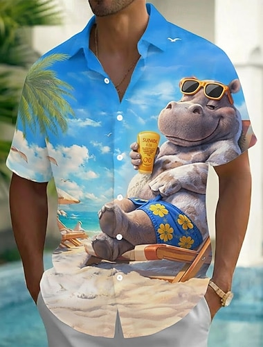  Herren Tiermotiv Giraffe Nilpferd Sommer Hawaiihemd Knopfhemd Alohahemd Kurzarm Hawaiianisch Urlaub Strandbekleidung Sommer Frühling Umlegekragen 3D-Druck Hemden mit Kragen Blau Blau 1#