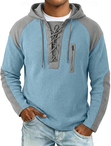  Herren Waffel T-Shirt T Shirt Waffel-Henley-Hemd Langarm Mit Kapuze Schnürhals Herbst Herbst Winter Einfarbig Texture Traditionell / Vintage Lässig Kordelzug Lässig Heim Outdoor Hellblau Schwarz Weiß