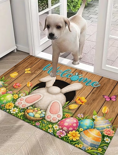  zerbino pasquale con illusione ottica 3D, sederino di coniglio con cartello di benvenuto, stampa piatta 2D, design di uova e fiori festivi, zerbino d'ingresso perfetto