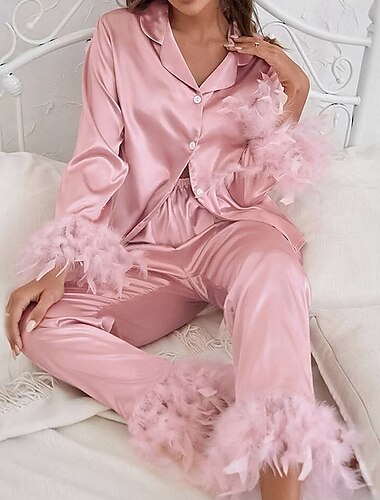 Naisten loungewear Yöpukusarja Muoti Vapaa-aika Puhdas väri Tilkkutäkki Joustava vyötärö Feather Housut Koti Loma Pitkähihainen V kaula-aukko Valkoinen Punastuvan vaaleanpunainen Kesä Kevät Syksy