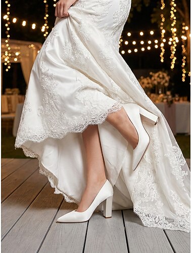  Ivoren satijnen pumps met blokhak voor dames, elegante minimalistische bruidsschoenen voor een moderne stadsbruiloft