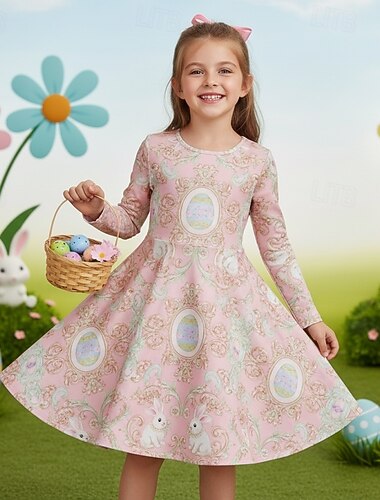  Semana Santa Girls ' 3D Graphic Conejo Vestido Manga Larga Impresión 3D Primavera Otoño Diario Vacaciones Fiesta Casual Princesa Hermosa Niños 4-12 años Vestido informal Vestido de una línea Hasta la
