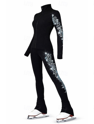  Kunstschaatsjas met broek, dames- en meisjesschaatsoutfit, zwart, elastisch, trainings- en wedstrijdschaatskleding, thermisch, warm, met kristallen/strasssteentjes, lange mouwen, kunstschaatsen.