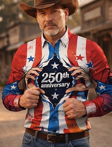  250-årsjubileum i USA Retro / vintage 1970erne قميص Aloha skjorte Lange Ermer Hippie Geometrisk Etnisk Kostyme Herre Maskerade 4. juli Fest Uavhengighetsdagen Voksne Trøye