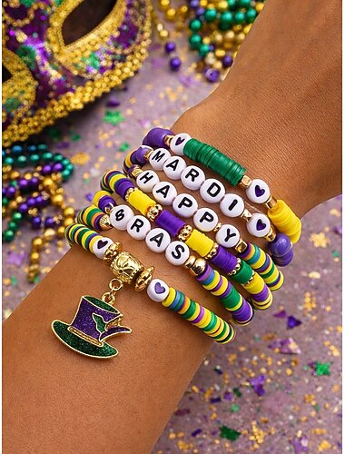  Ensemble de bracelets en acrylique pour femmes, design à motifs variés, thème Mardi gras, parfait pour le carnaval et les festivités.