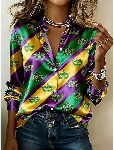 Mardi gras Dame Skjorte Grafisk Geometrisk Årgang Stilfull Moderne Langermet Skjortekrage Vanlige topper Daglig Ferie Lilla Grønn Sommer Vår