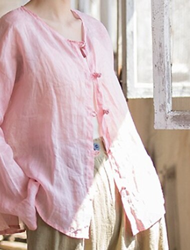  Damenblusen aus 100 % Leinen, schlicht, Vintage-Stil, langärmlig, Rundhalsausschnitt, mit Knöpfen, für Alltag, Urlaub, Ausgehen, in Schwarz, Rosa, Rot und Grün, für Sommer und Frühling.