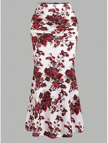  Damen Mode Lässig Asymmetrisch Hohe Taille Röcke Blumen Gerafft Druck Hohe Elastizität Täglich Date Weiß Rosa Sommer Polyester