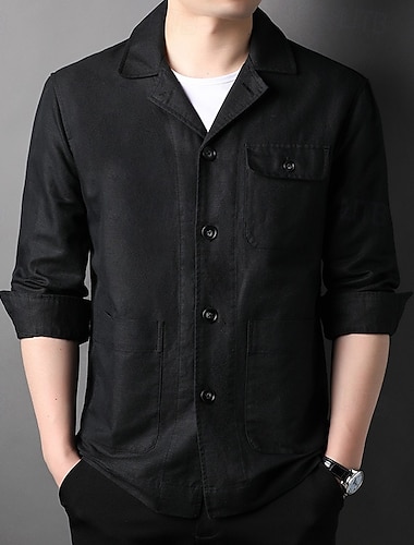  Herre Blazer jakke Blazer i lin Halskrage Årgang Lettvekt Klassisk Ensfarget Blazer i lin Lys kaki Svart Skreddersydd Single Breasted fire-knapper