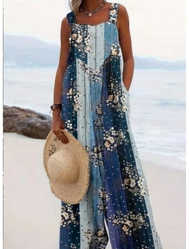  Damen Latzhose Aktiv Blumen Ärmellos Ärmellos Weites Bein Quadrathals Tasche Knöpfe Täglich Strand Lässiger Schnitt Blau Rosa Khaki Sommer
