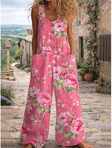  Dámské Běžný Kombinéza Aktivní Květinový Bez rukávů Široké nohavice Do V Kapsy Tisk Denní Dovolená Volný Vodní modrá Světlá růžová Armádní zelená Léto