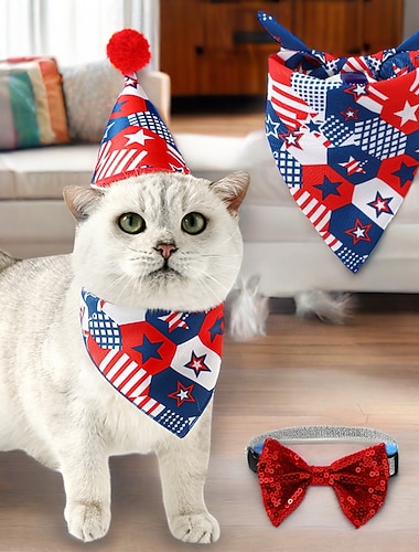  Conjunto de 3 peças para animais de estimação para o 4 de julho, incluindo chapéu, gravata borboleta com lantejoulas e lenço, faixa de cabeça ajustável para gatinhos, cachorros, cães de pequeno porte