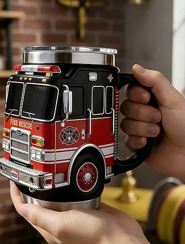  Feuerwehrbecher, handgefertigter Feuerwehrauto-Kaffeebecher für die Mutigsten, Feuerwehr-Kaffeebecher, lustiger 3D-Feuerwehrauto-Becher, robustes Trinkgefäß für heiße Getränke &Kalte Getränke für