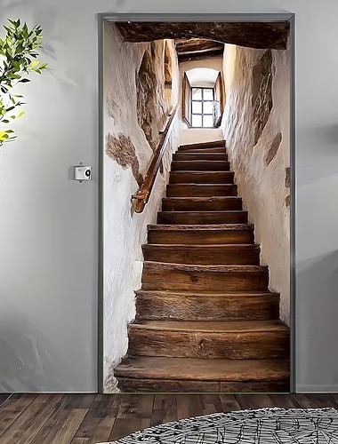  habillage de porte, illusion d'optique 3D, impression 2D à plat, escalier en bois dans un mur de pierre, design en perspective, autocollant pour couloir