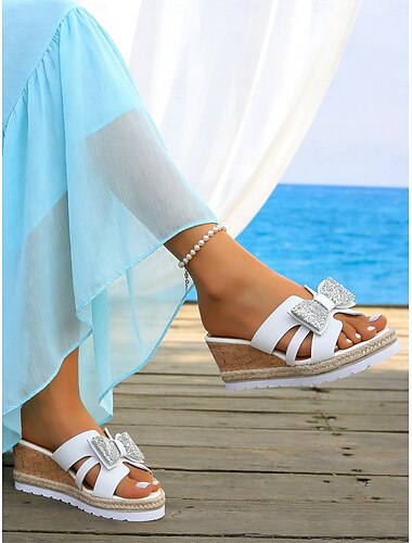  Hvite kile-sandaler til dame – sandaler med glittersløyfe, komfortabel korksåle, perfekt for strandbryllupsgjester, sommerfester og hverdagslige anledninger