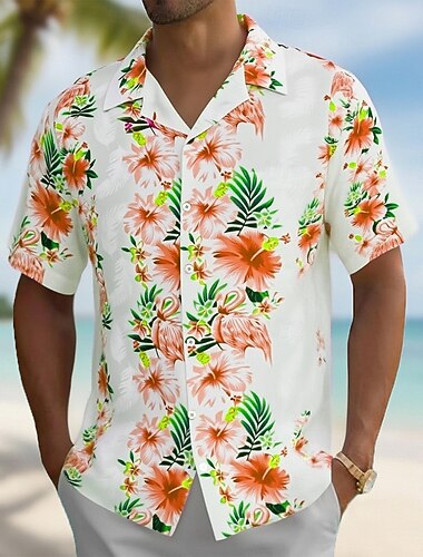  Herren Flamingo Blumendruck Blumen Hemd Kuba-Kragen-Hemd Sommer Hawaiihemd Kurzarm Hawaiianisch Urlaub Ferien Strandbekleidung Sommer Frühling Hemd mit Camp-Kragen 3D-Druck Rosa Orange