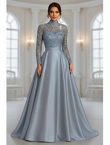  Linea ad A Lunghezza al pavimento Perline ricamate Abito Formale Abito da madre della sposa Abito da Sera Abito formale Elegante Brillanti Setoso Manica Lunga Scollo Illusione Matrimonio Formale Raso