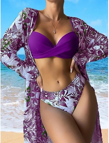  Damen Badeanzug Bikini Dreiteilig Hohe Taillenlinie Bademode Schlank Rückenfrei Urlaub Strandbekleidung Blumen Tropisch V Ausschnitt Ärmellos Langarm Badeanzüge
