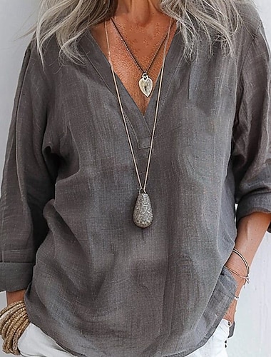  Mujer Camisa Camisas con tacto de lino Blusa Plano Casual Manga Larga Escote en Pico Tops regulares Diario Festivos Noche Amarillo Caqui Rosa Gris Verano Primavera