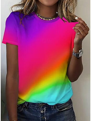  בגדי ריקוד נשים חולצה קצרה דפוס Ombre גראפי וינטאג' מסוגנן קלסי שרוולים קצרים צווארון עגול קצר חולצות רגילות יומי סוף שבוע צהוב סגול קיץ אביב