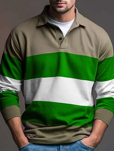  Herre Horisontale strimler Rugby Polo Langærmet Polo skjorter Skjorter med krave Sportstøj Afslappet udendørs Skole atletiktøj 3D-udskrivning Forår Efterår Vinter Blå Lilla Brun