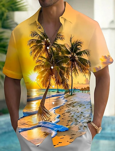  Voor heren Kokosnootboom Zonsondergang Tropische planten Hawaiiaans overhemd Overhemd met knopen Aloha-shirt Korte mouw Hawaii Casual Vakantie Zomer Lente Strijkijzer 3D-afdrukken shirts met kraag