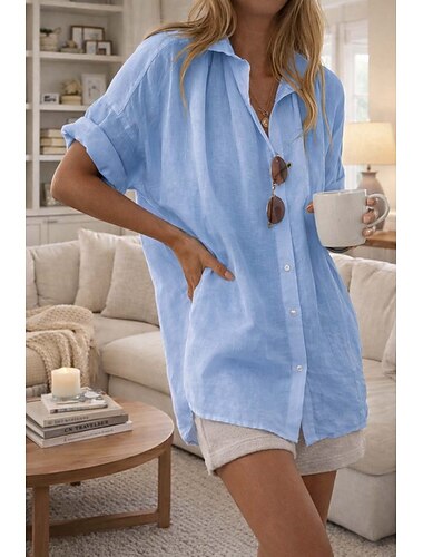  Damen Hemd Baumwoll Mischung Boho-Hemd Knopfleiste Einfach Lässig Strand Kurzarm Hemdkragen Normale Oberteile Schwarz Weiß Gelb Rosa Himmelblau Sommer