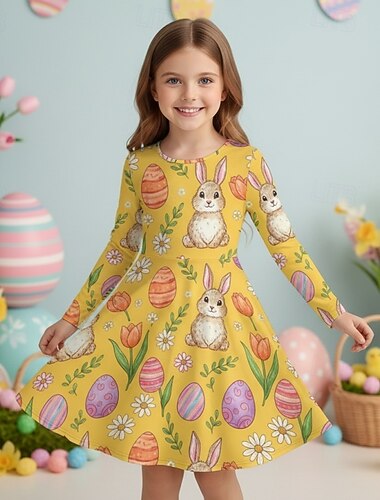  Pääsiäinen Tyttöjen 3D Kuvitettu Kani Mekko Pitkähihainen 3D-tulostus Kevät Syksy Päivittäin Loma Juhla Vapaa-aika Prinsessa Kaunis Lapset 4-12 vuotta Rento mekko A linjainen mekko Polvipituinen