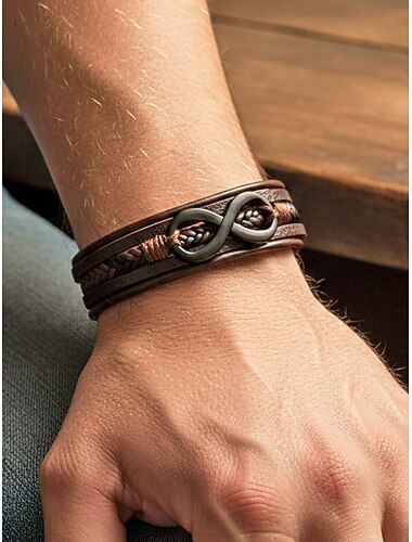  Herrenarmband aus Kunstleder und Legierung mit Unendlichkeitssymbol, mehrlagiges Flechtdesign, lässiger Vintage-Stil, in verschiedenen Farben erhältlich, perfekt für den Urlaub und lässige Alltagsoutfits.