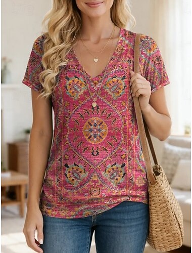  Dames T-shirt Afdrukken Grafisch Geometrisch Paisley Vintage Stijlvol Klassiek Korte mouw V-hals Lange tops Dagelijks Rood Rose Roze Zomer Lente