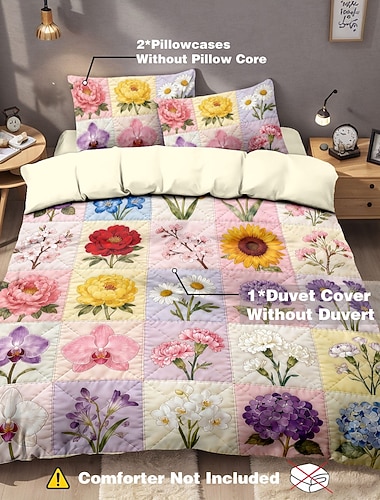  Parure de lit 3 pièces style hôtel, imprimée de motifs floraux frais, comprenant 1 housse de couette et 2 taies d'oreiller. Tissu peluche doux et court. Couette non incluse.