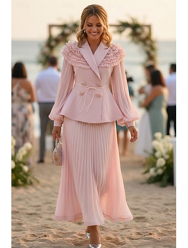  Todelt A-linje Ankellengde Gjestekjole til bryllup Gjestekjoler til bryllup Elegant Årgang Daglig Langermet Knaphul Hage fest Bryllup med 3D-blomster Plissert