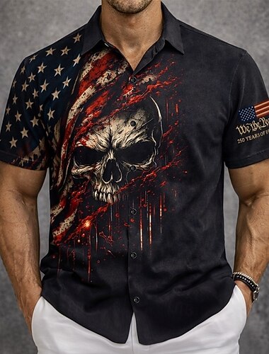  Herren Schädel 250. Jahrestag des Unabhängigkeitstages der USA am 4. Juli US Flagge Hemd Knopfhemd Kurzarm Patriotisch Outdoor Ferien Sommer Frühling Umlegekragen 3D-Druck Hemden mit Kragen Schwarz
